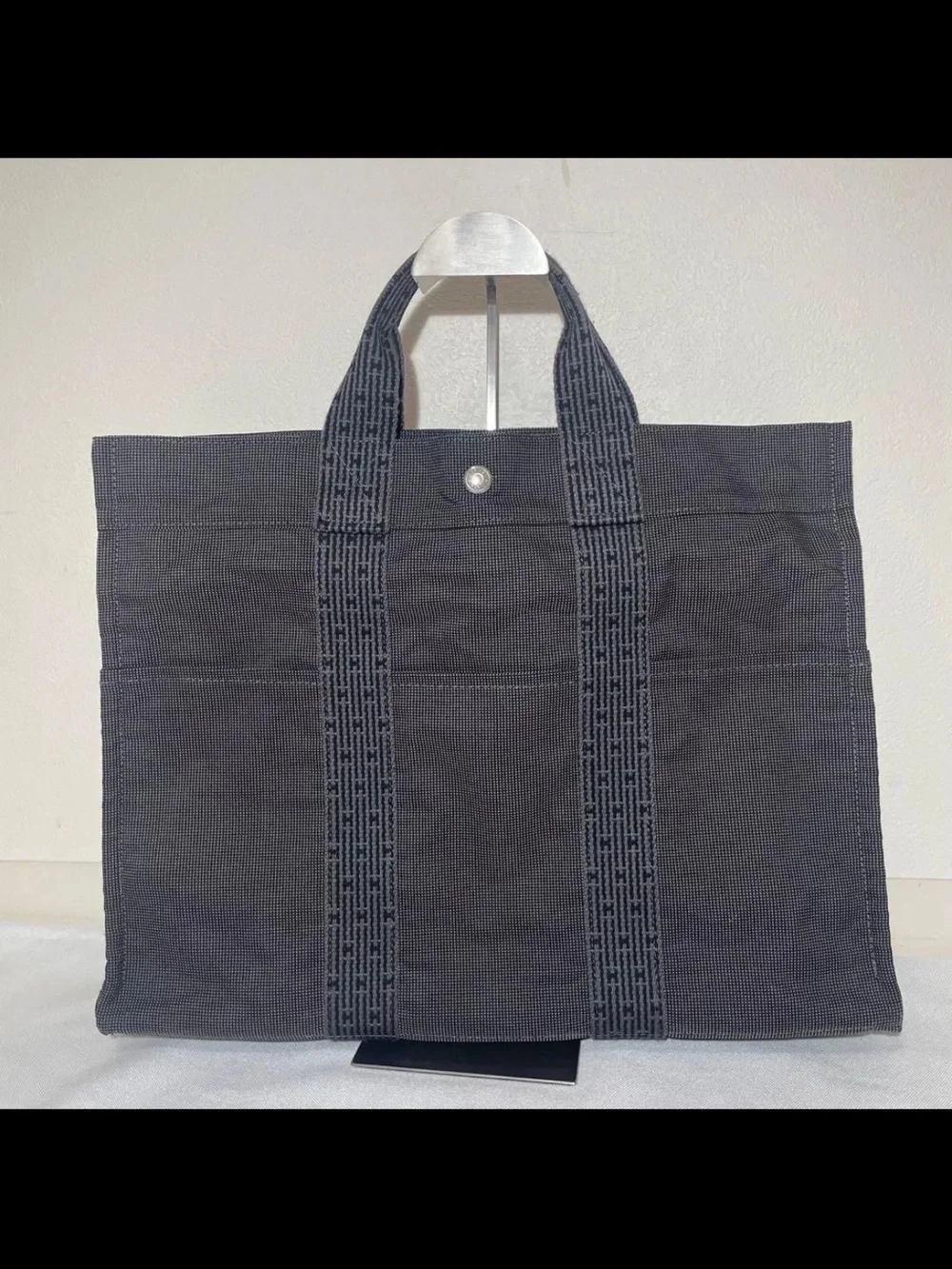 Hermes Black Canvas Carryall Tote with Signature Webbed Straps